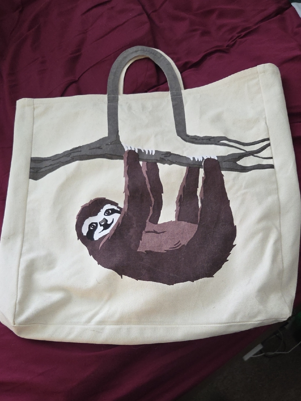 Cotton Tote Bag with Hanging Sloth Print - Cream and Brown